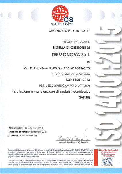 Certificato per il Sistema di Gestione Ambientale UNI EN ISO 14001:2015