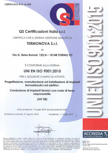 Certificato per la Qualità UNI EN ISO 9001:2015